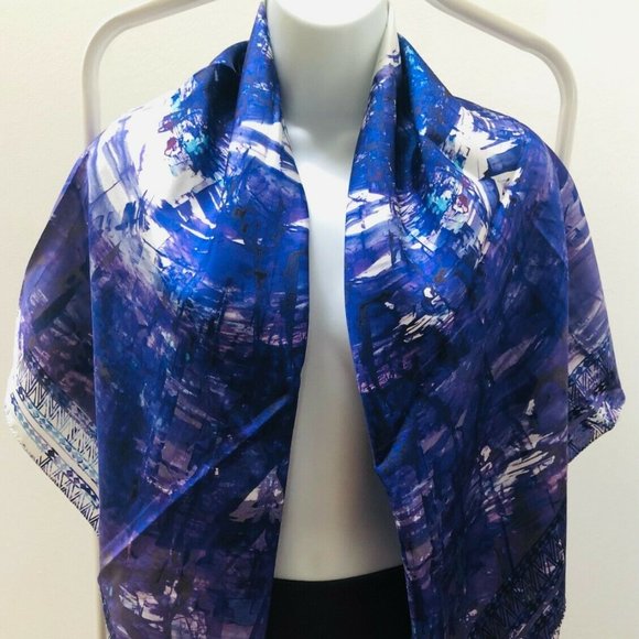 SILK SCARF - BLUE-IVORY Abstract Design, 100% Silk - Picture 3 of 6